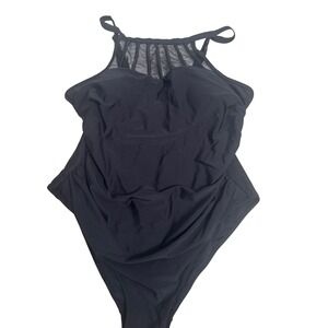 Black High Neck Mesh One Piece Swimsuit Ruched Front XXL Adjustable Straps